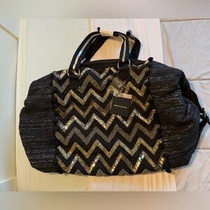 NWT America & Beyond Embellished Black and Gold Chevron Weekender